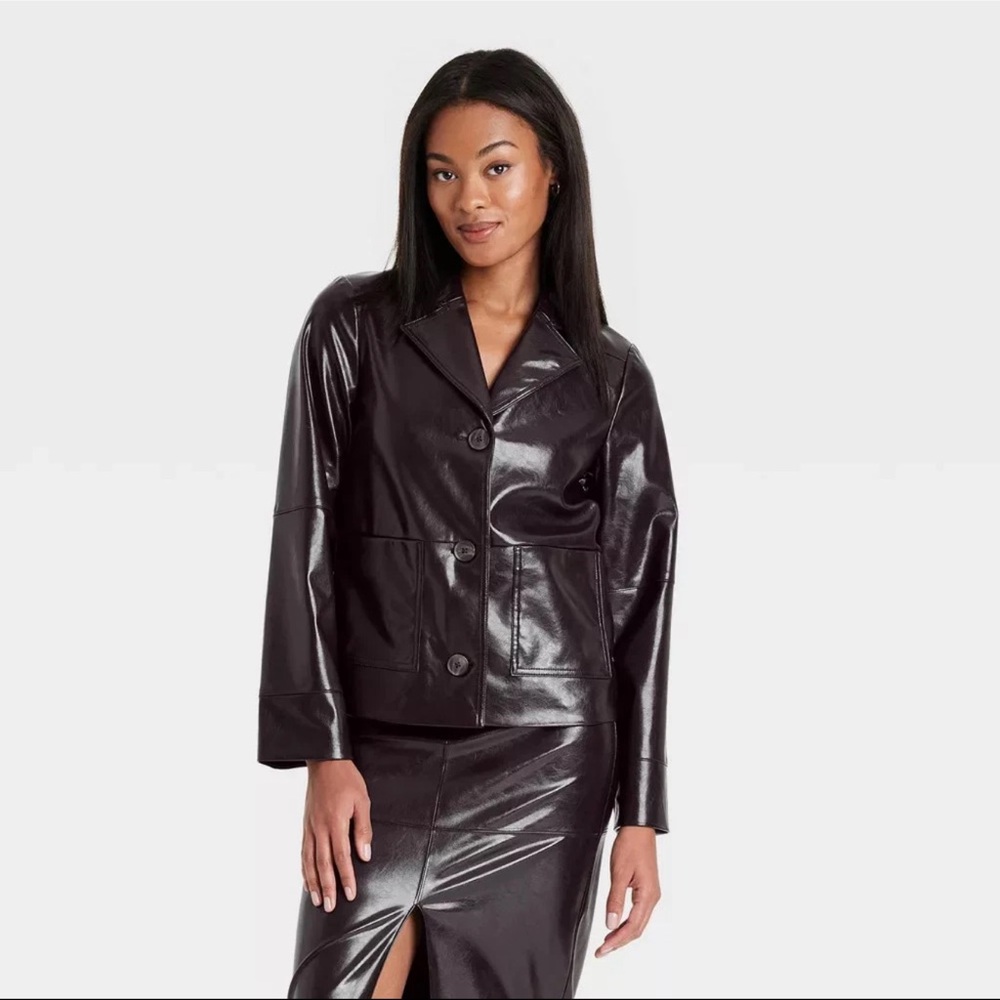 A New Day Women'’s Faux Leather Jacket Front Button Full Lining Brown M - Picture 3 of 11